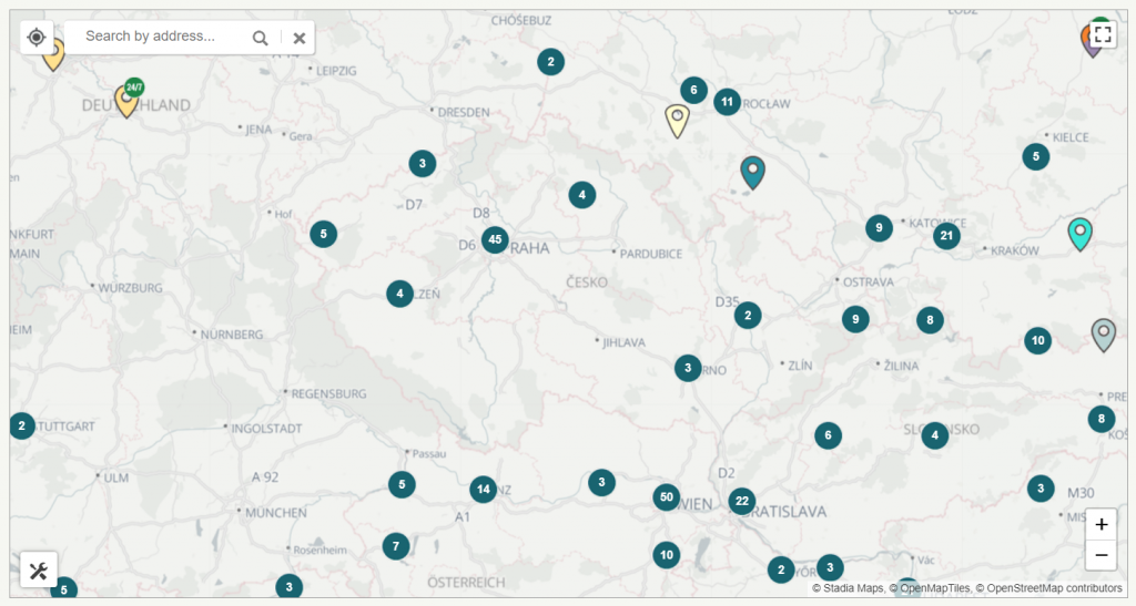 Rozmístění BTCmatů na území ČR dle mapy na coinmatradar.com
