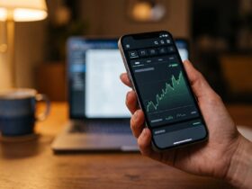Hand holding a phone with an investment app showing a stock chart