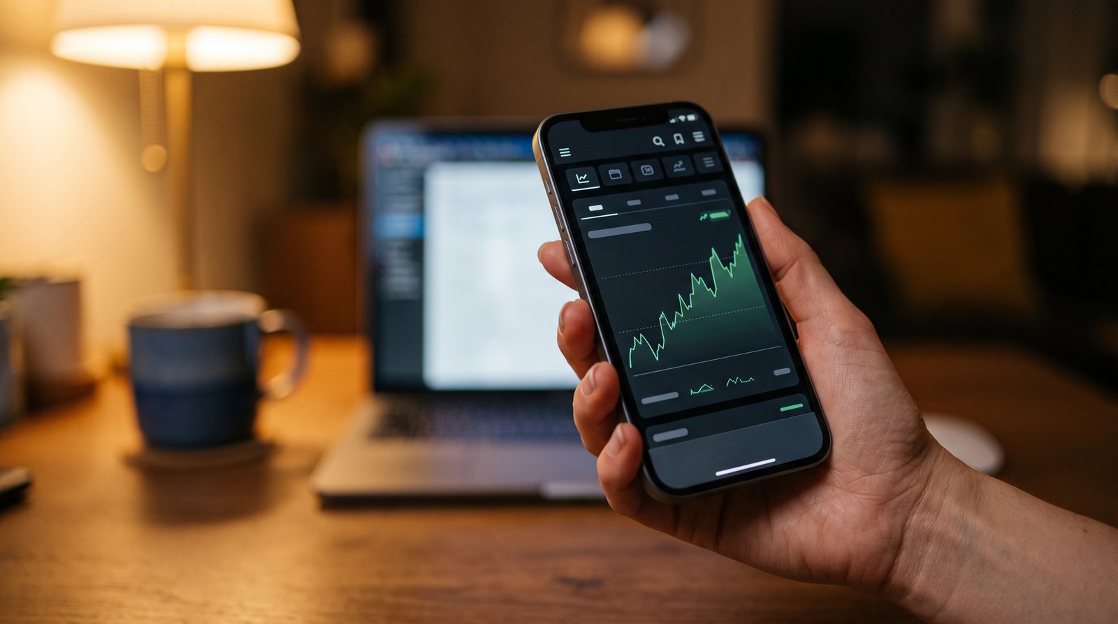 Hand holding a phone with an investment app showing a stock chart