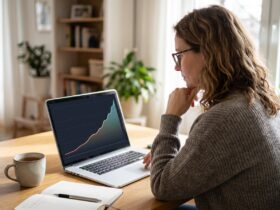 Woman at home watching the long-term growth of an investment on her laptop