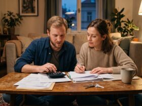 Couple at home going through mortgage papers and calculating repayments