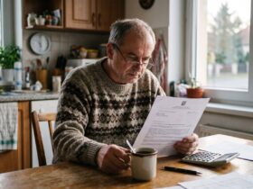 Man approaching retirement age reading a letter from the authorities at his kitchen table