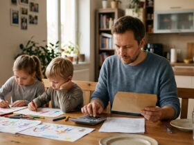 Father with a calculator at the table while two children draw next to him