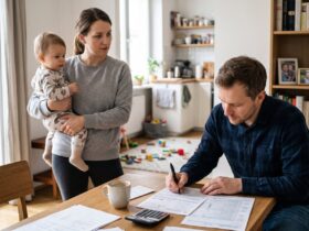 Mother holding a toddler while the father fills in a form at the table