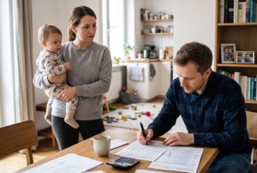 Mother holding a toddler while the father fills in a form at the table