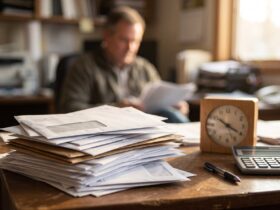 Stack of unpaid invoices, a calculator and a clock on a desk